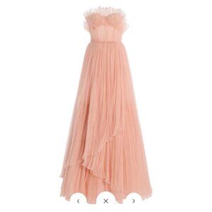 Strapless Ruffled Tulle Maxi Dress in Blush Pink